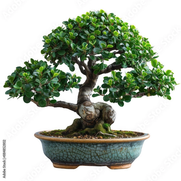 Obraz Beautiful bonsai tree in a ceramic pot, showcasing intricate design and lush green foliage. Perfect for zen decor and botanical themes.