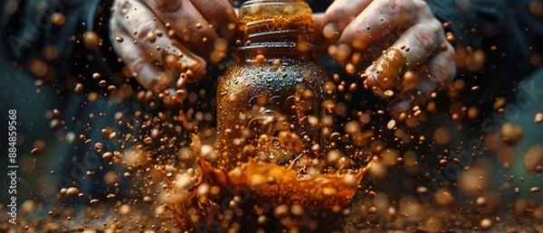 Fototapeta Dynamic image of hands gripping a coffee-filled bottle amidst a creative spray of coffee drops, ideal for branding and promotions