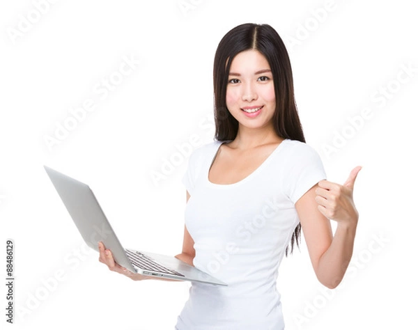 Fototapeta Asian woman hold with notebook computer