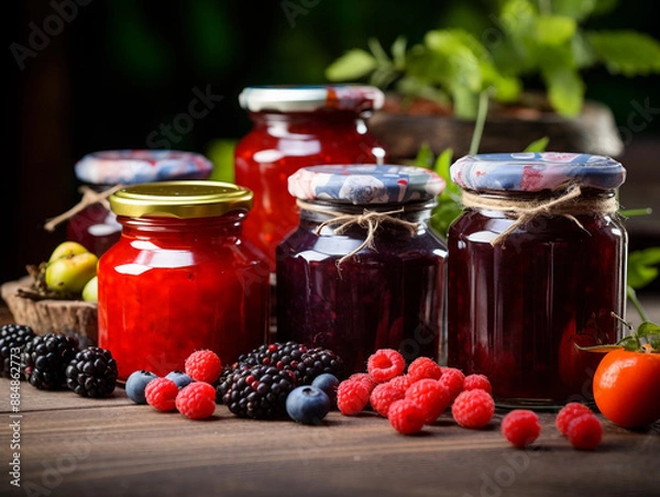 Obraz Glass jars with different kinds of jam and berries