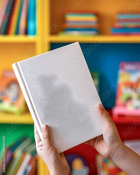 Fototapeta A person is holding a white book in their hands. The book is placed on a shelf with other books. The scene suggests a library or a reading area where people can find books to read