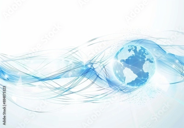 Fototapeta Abstract blue background with globe and light lines, illustration for technology or global network concept.