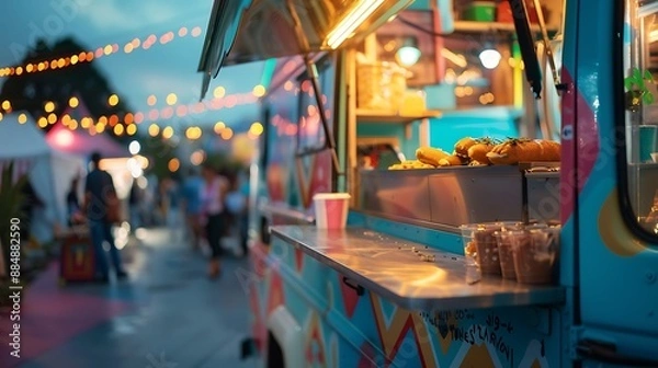 Obraz A food truck with a unique theme serving food at a city festival, selective focus on the serving window