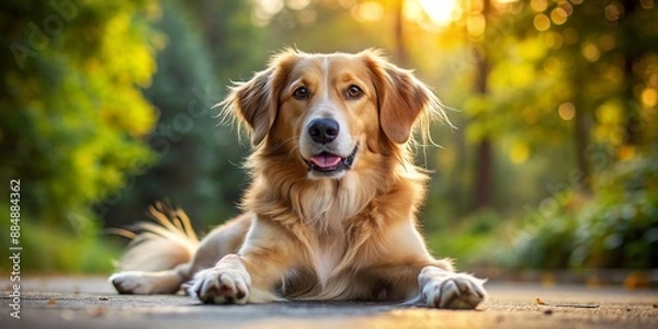 Obraz An adorable dog resting on the ground with its paws up in a peaceful pose.