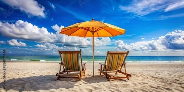 Obraz A pair of lounge chairs under umbrellas on the sandy beach.