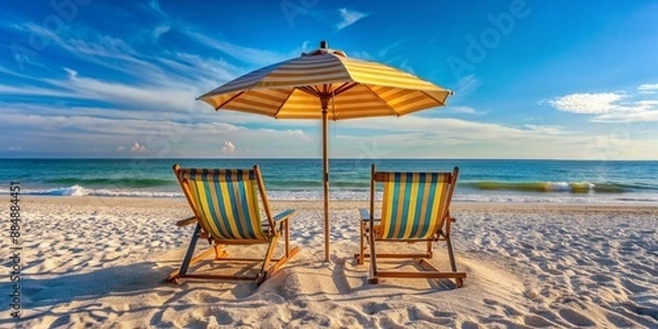Obraz A pair of lounge chairs under umbrellas on the sandy beach.