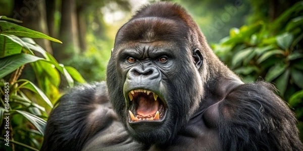 Obraz A large silverback gorilla baring its teeth in the forest, resembling an angry and powerful King Kong in the jungle.