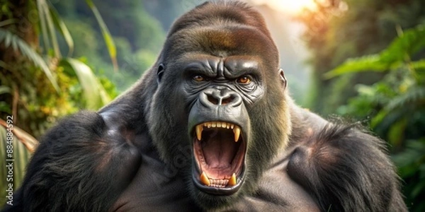 Obraz A large silverback gorilla baring its teeth in the forest, resembling an angry and powerful King Kong in the jungle.