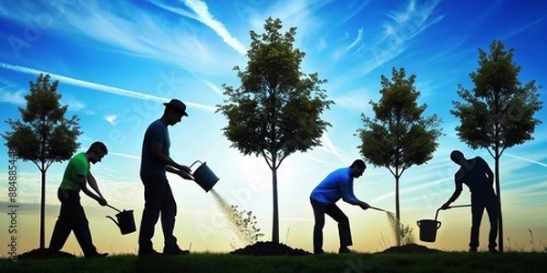 Obraz A Silhouettes Man using watering can to water tree in garden