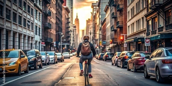 Obraz cyclist pedaling on a busy city street with buildings around.