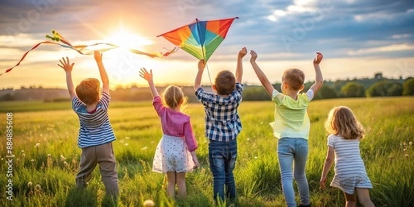 Obraz Children happily playing with kites in open field.