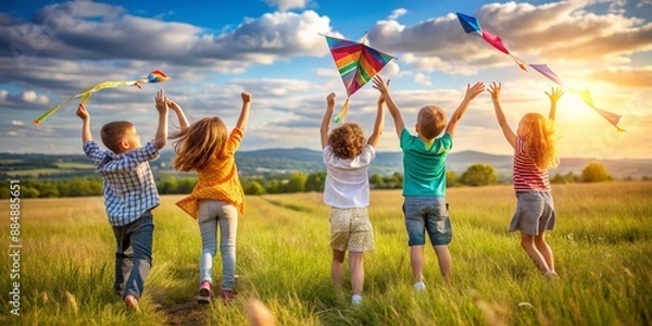 Obraz Children happily playing with kites in open field.