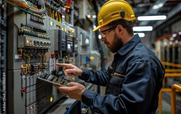 Fototapeta A man in a yellow helmet is working on a power grid. He is holding a clipboard and he is focused on his task