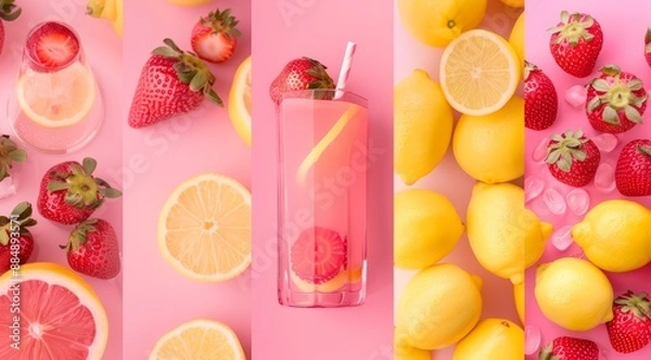 Fototapeta A vibrant moodboard showcasing various images of pink lemonade, strawberries and lemons in bright summer colors