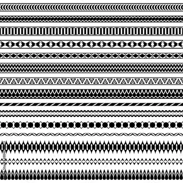 Fototapeta Collection of vector seamless endless brushes with geometric patterns. A set of narrow and wide black modern brushes for frames, borders, dividers. Brushes are included in the file