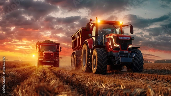 Fototapeta A red heavy truck and tractor working in the field at sunset