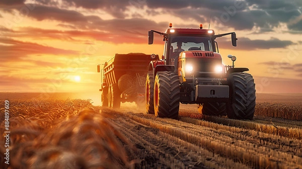 Fototapeta A red heavy truck and tractor working in the field at sunset