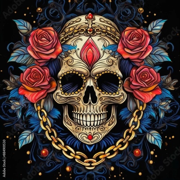 Fototapeta 鎖と薔薇と骸骨、ビンテージ風イラスト