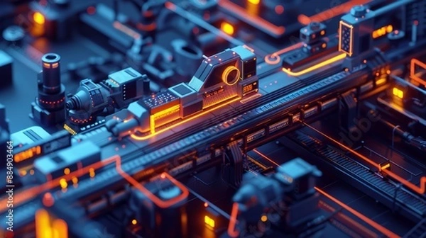 Fototapeta production line on computer screen - isometric.