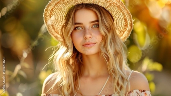 Fototapeta Young beautiful woman is standing in a natural background with a bright sun shining on her face.