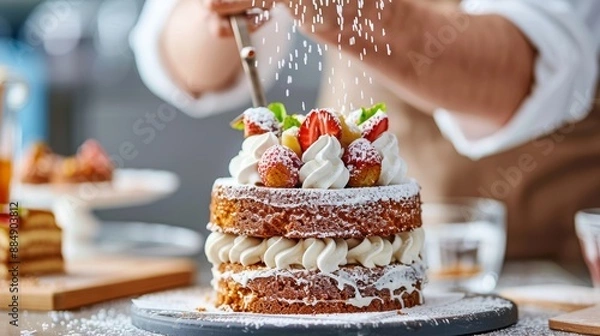Fototapeta Chef cook in a professional kitchen cooking cakes. Close up a cakes sprinkled with icing sugar.