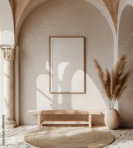 Fototapeta create an arch with columns and a bench in the center of it, a poster frame on wall mockup, boho style home interior design of modern living room , aesthetic stock photo, high quality details, light b