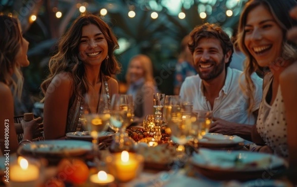 Fototapeta A group of people are sitting around a table with wine glasses and plates of food. They are all smiling and enjoying each other's company. Scene is happy and social