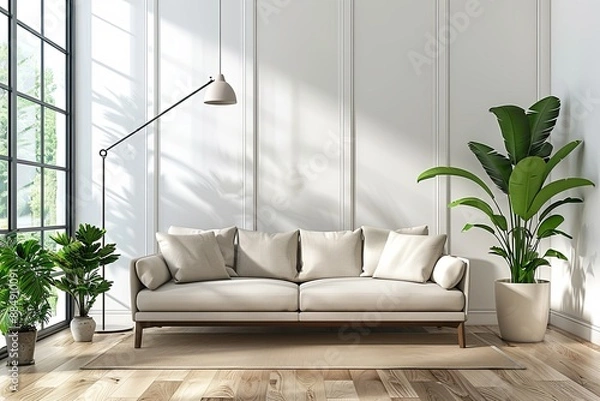 Fototapeta A modern living room interior with a sofa created with Generative AI