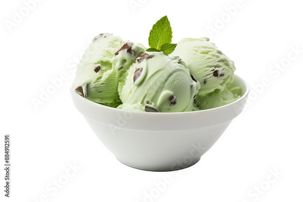 Obraz Mint chocolate chip ice cream PNG image with transparent background featuring fresh mint leaves and chocolate chunks ideal for dessert and food design projects