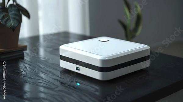 Fototapeta White Square-Shaped Device on a Black Tabletop