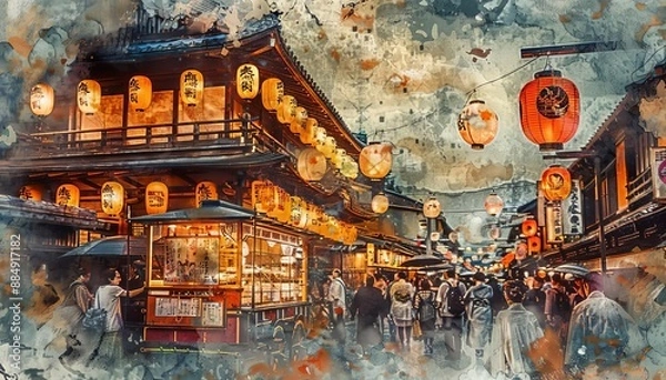 Fototapeta Watercolor painting of a bustling street in Japan with lanterns and people.