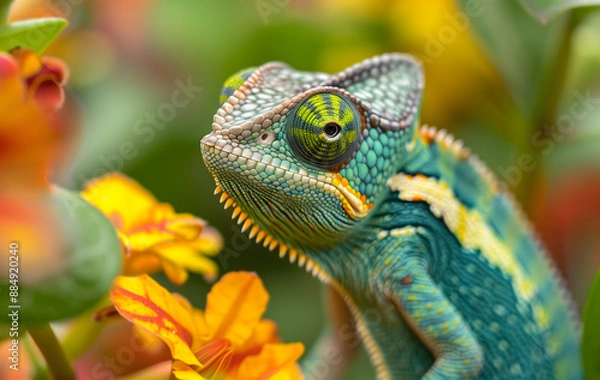 Obraz Vibrant Close-Up of a Green Color Chameleon Among Flowers