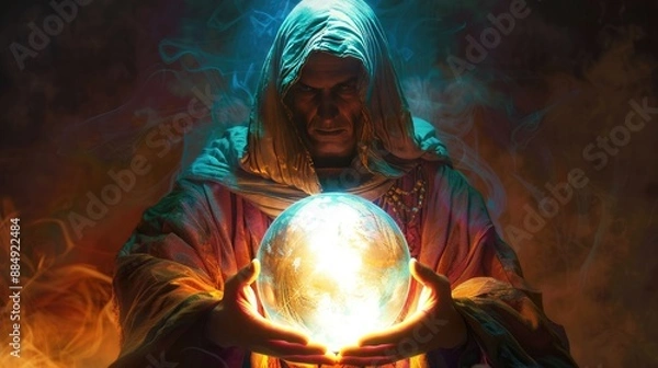 Fototapeta The Seer's Radiance: Mystic Holding an Illuminated Crystal Ball: Encounter mystical wonder as a seer gazes into an illuminated crystal ball, channeling ancient wisdom and supernatural insight