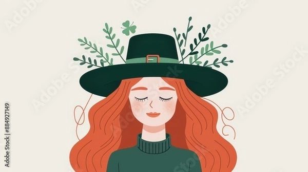 Fototapeta Saint Patricks Day greeting card featuring a cheerful character with red hair in a green leprechaun hat.