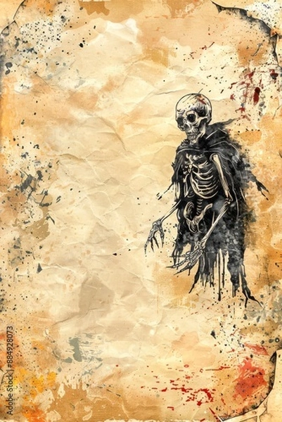 Fototapeta watercolor vintage scrapbook junk journal page, copy space in center, watercolor clipart of Zombie on parchment paper, for Junk Journal, Digital Paper, Printable 