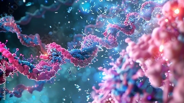 Fototapeta An artistic rendering of gene editing technology at work, with CRISPR-Cas9 molecules precisely targeting specific sequences of DNA for modification, revolutionizing genetic research
