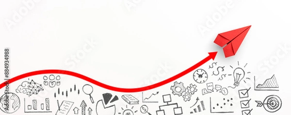 Obraz Red paper plane with red arrow and business strategy on white background, Business success, innovation and solution concept