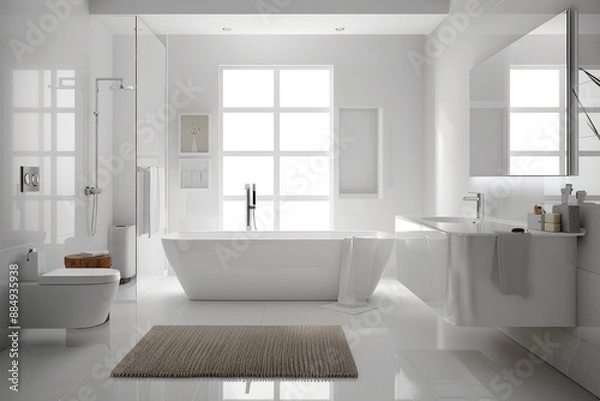 Obraz Spacious and bright white bathroom with modern fittings and minimal decor