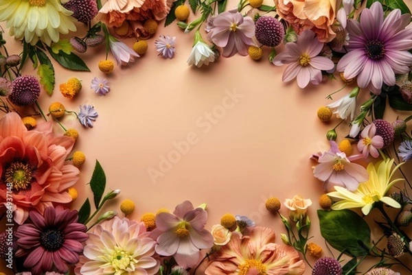 Fototapeta A stylish flat lay arrangement showcasing a frame of beautiful flowers on a vibrant background.