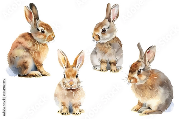 Fototapeta Watercolor painting realistic Set Rabbit on white background. Clipping path included.