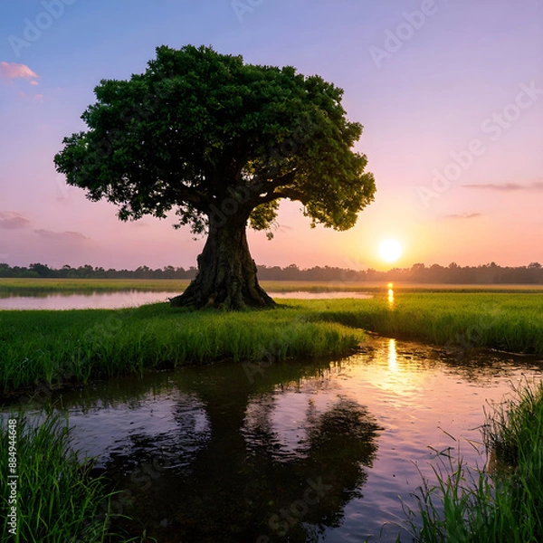 Obraz Big Tree in the tipical field with the sunset