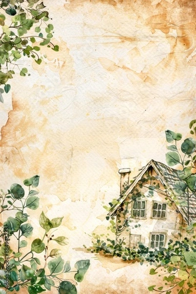 Fototapeta watercolor vintage scrapbook junk journal page, copy space in center, watercolor clipart of A-frame House with Fresh Greenery on parchment paper, for Junk Journal, Digital Paper, Printable 