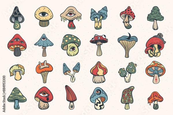 Fototapeta Trippy psychedelic mushroom set, cute doodle sketch