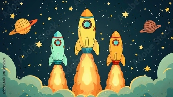 Fototapeta  Blank white page with colorful cartoon rocket ships and planets around the border, theme background for space mission, cute children's, astronauts and stars