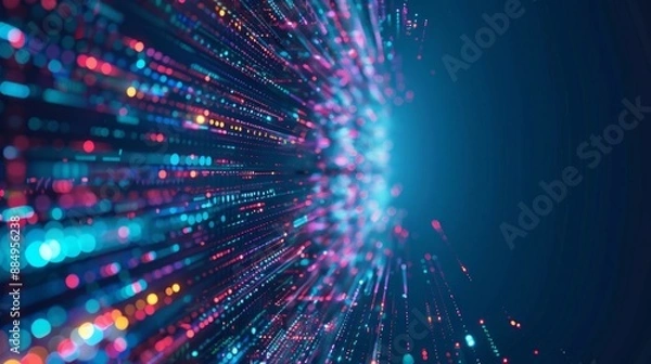 Fototapeta Abstract technology big data background concept: digital data flow motion, transfer and storage of data sets, blockchain technology, server infrastructure, and high-speed internet connectivity


