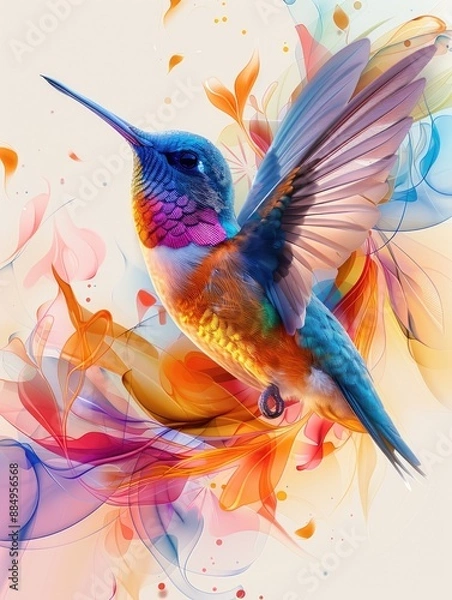 Fototapeta Vibrant and colorful abstract illustration of a flying hummingbird.