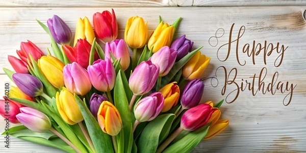 Obraz A festive birthday card featuring vibrant tulips and the message Happy Birthday in beautiful calligraphy.