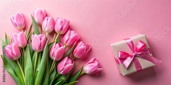 Obraz Lovely pink tulips and gift boxes set against a soft pink background, ideal for a special occasion with white space for text.