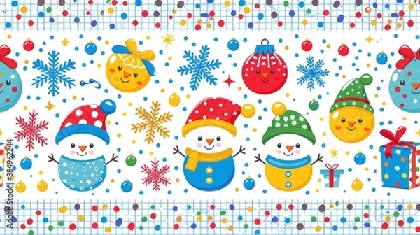 Fototapeta  Cute cartoon holiday pattern, with colorful icons of snowflakes and presents scattered, lined in a white grid, reminiscent of wrapping paper