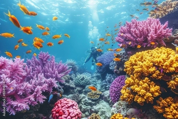 Fototapeta A vibrant underwater scene with colorful coral reefs, schools of fish, and a scuba diver exploring the marine life.